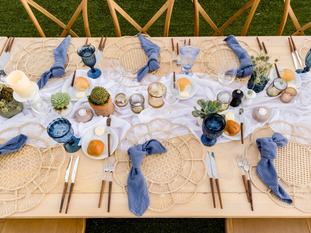 Top view of king table centerpiece with white table runner, various cacti plants,  and small candles.