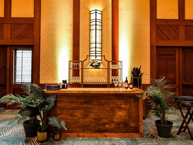 View of bar with elegant shelves and green tropical plants.