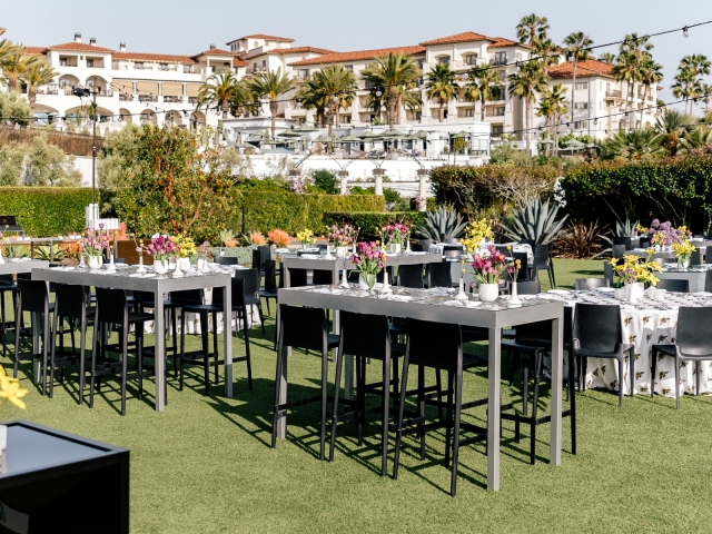 Rectangular and round tables with view of Monarch Beach golf links.