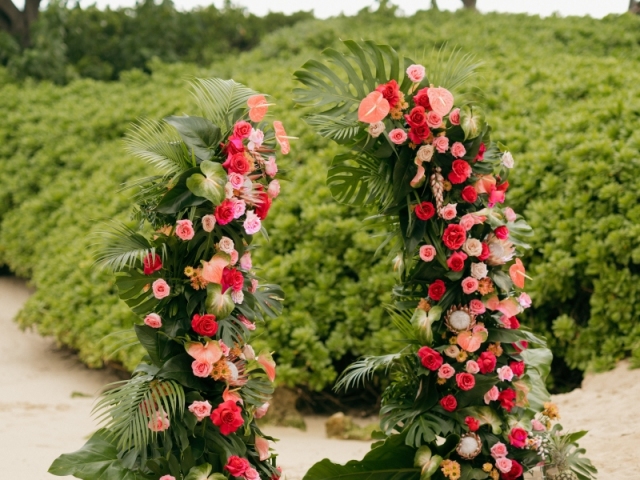 Hawaiian floral arch at an influencer event in Hawaii.