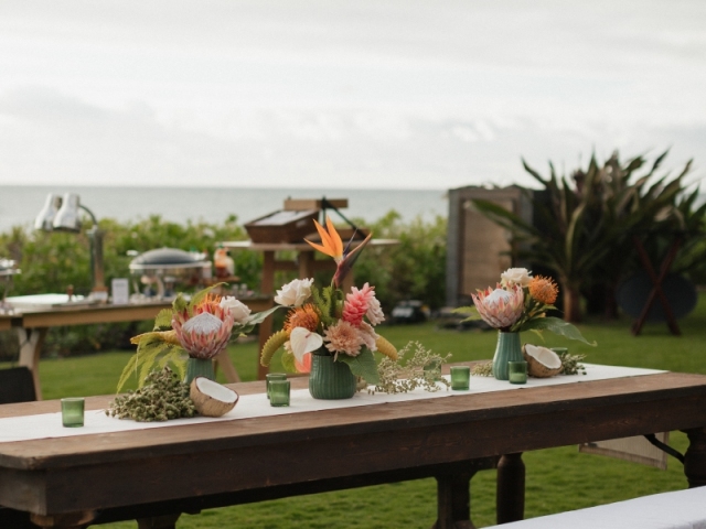 A dark brown picnic-like table with coconut and tropical plant centerpiece.