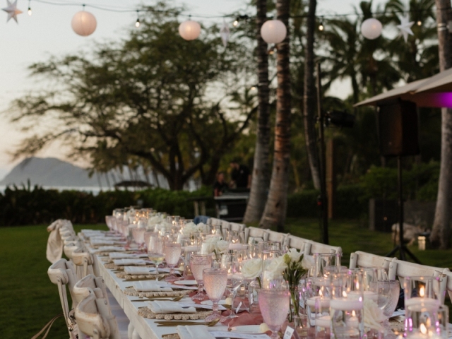 A full view of a long dinner table outside overlooking the water and palm trees with white rose centerpieces.