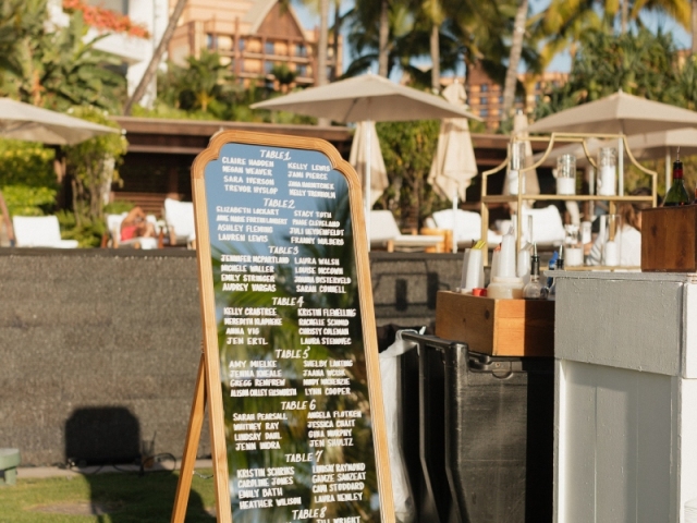 Table seating chart on a large  glass easel.