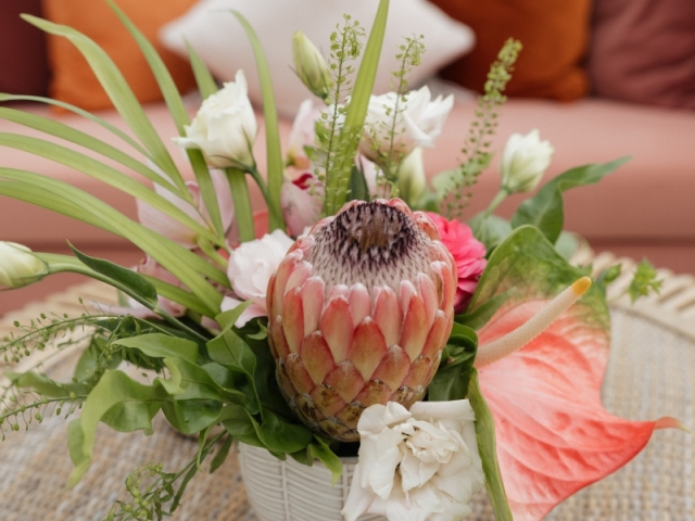 Close up of a Hawaiian floral centerpiece.